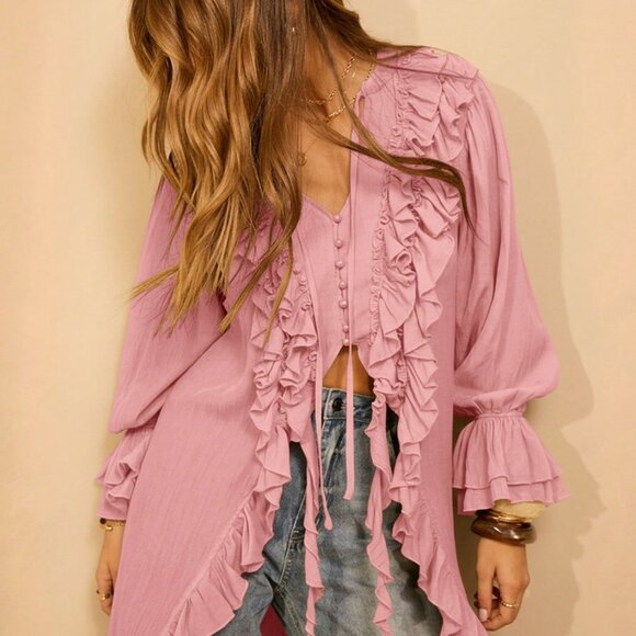 Baby Pink Boho Women's Long Sleeved Ruffled Front Maxi Cardigan Dress - Picture 9 of 10